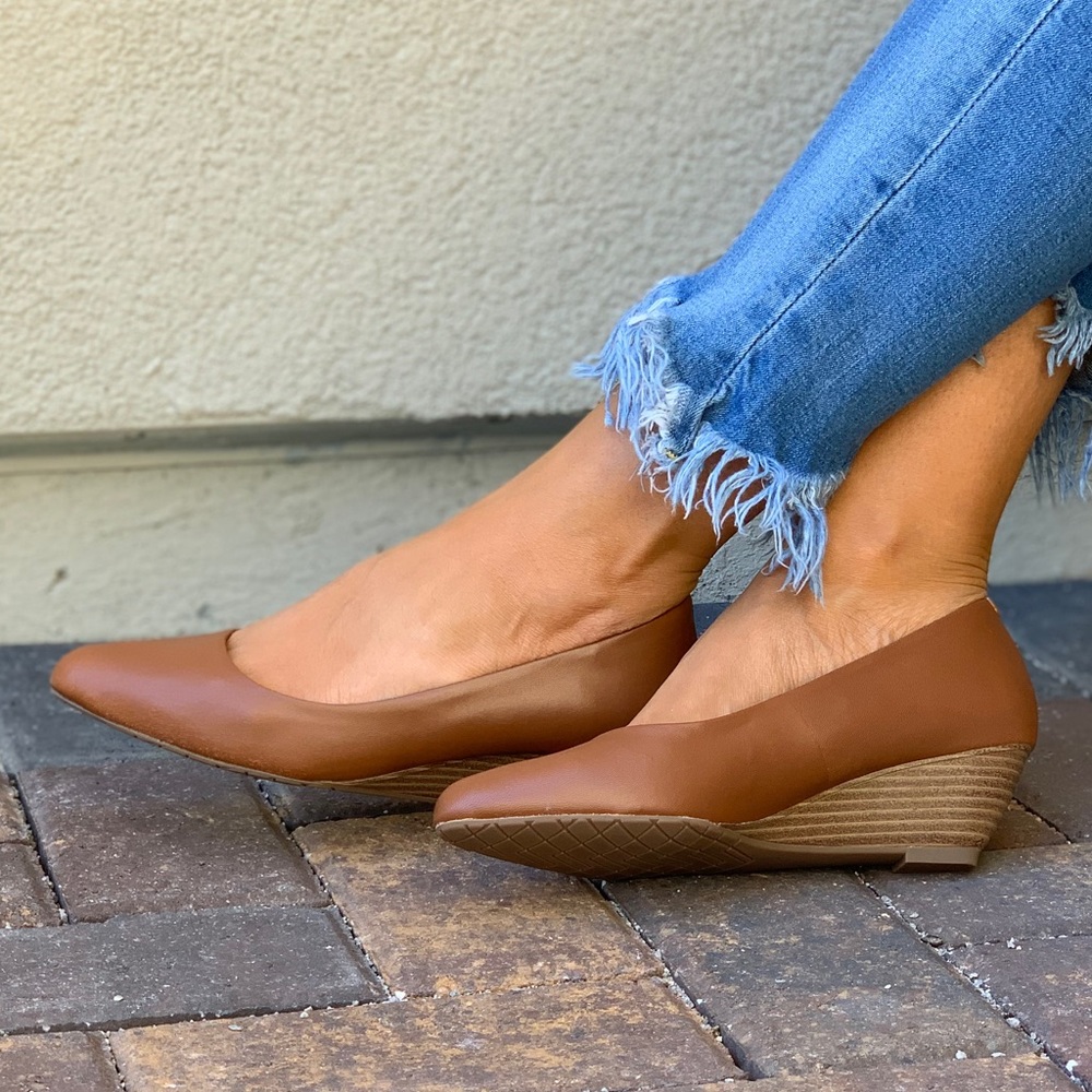 Cognac Genuine Leather Kitten Heel Wedge Pump - Picture 5 of 8